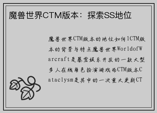 魔兽世界CTM版本：探索SS地位